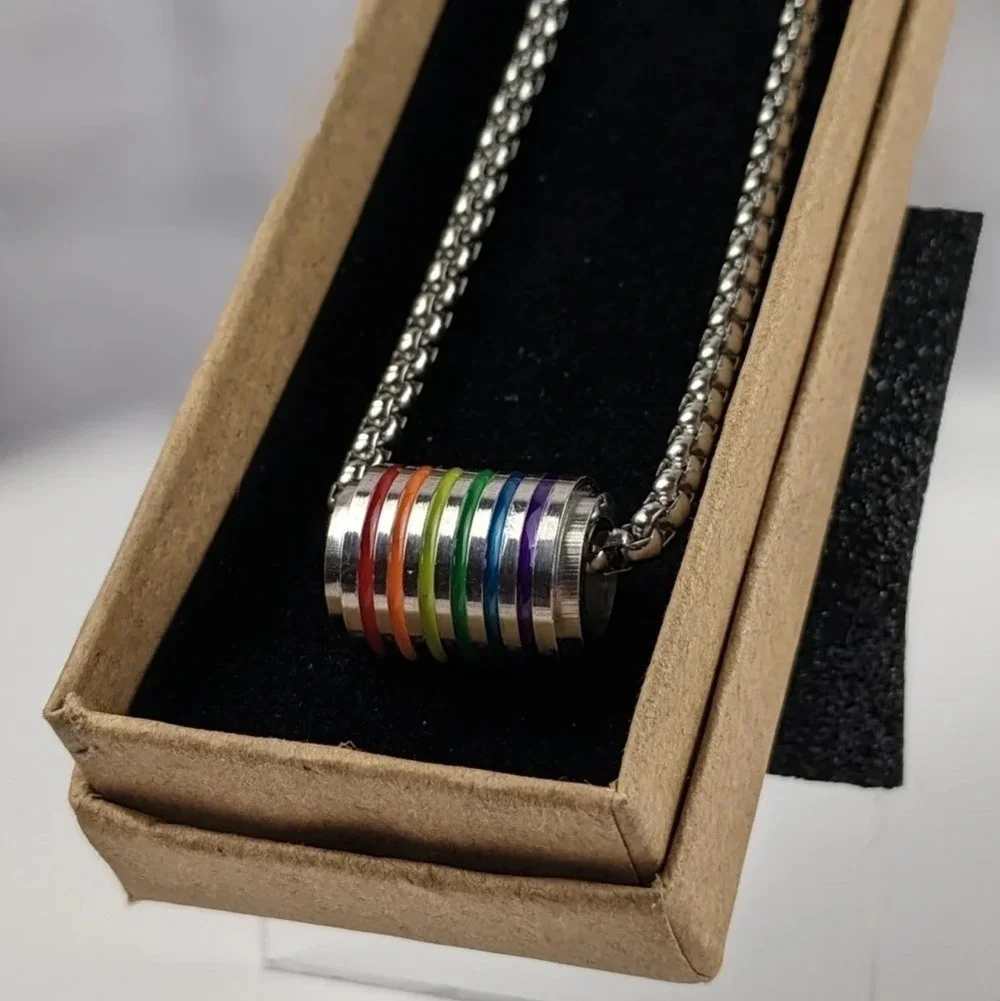 Colorful enameled rainbow on metal pendant rolo chain necklace, LGBTQ+, Pride